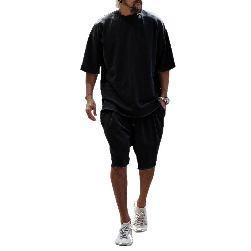 2025 Export Hot Selling Summer Solid Color Sports Suit Casual Loose Short-Sleeve Shorts European and American Trendy Fashion Men's Clothing - Image 5