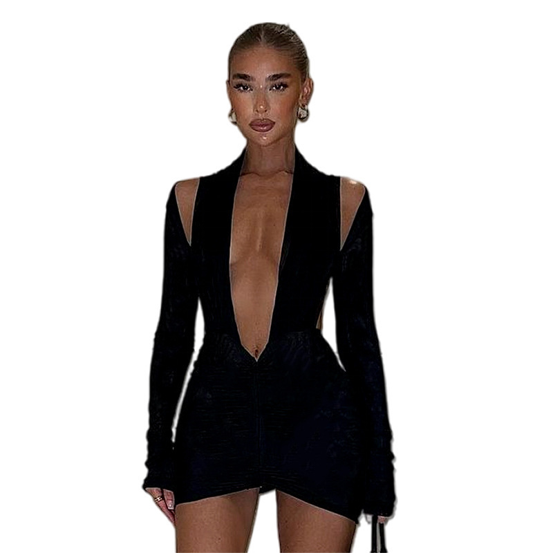 C21DS456 Amazon Autumn/Winter Dress, European and American Style Solid Color Long Sleeve V-Neck Halter Neck Pleated New Dress - Image 6