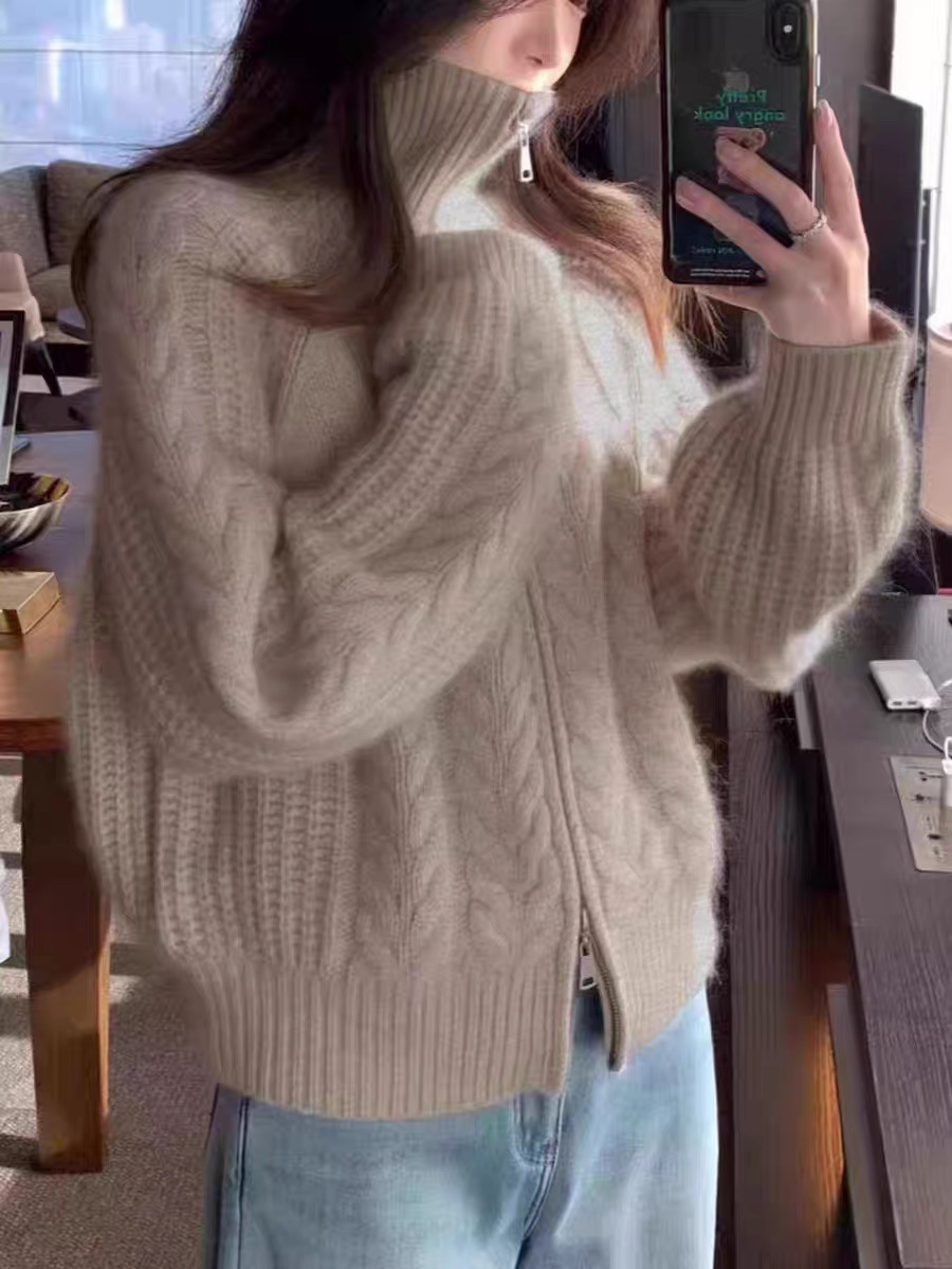 Autumn/Winter Zipper Cardigan Knit Thick Twisted Knit Loose Stand Collar Sweater 100% Wool Cardigan Coat - Image 8