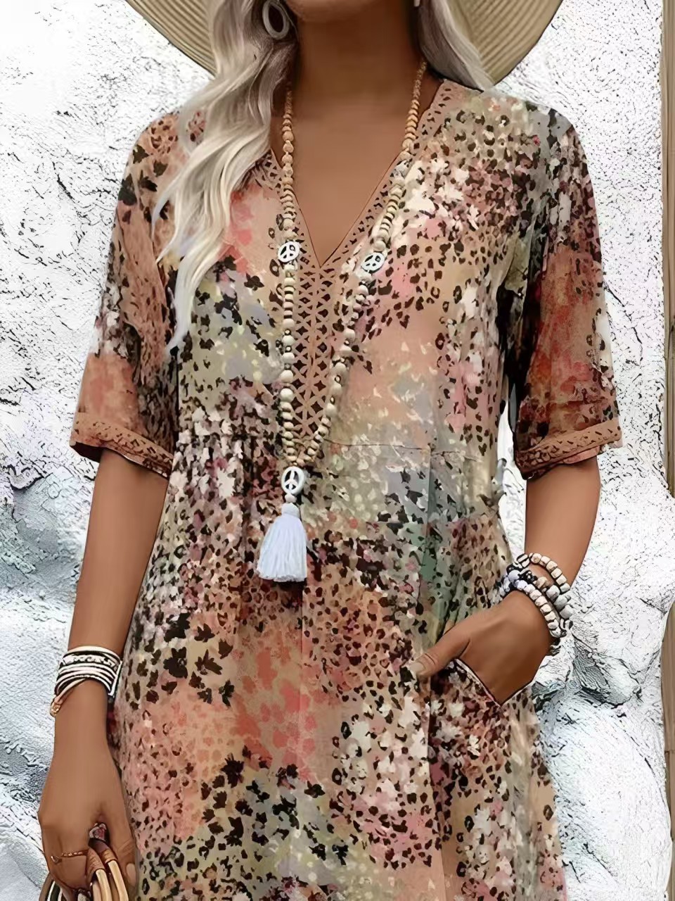 Amazon 2025 European and American new printed summer V-neck casual vacation pocket dress home clothes foreign trade women - Image 4