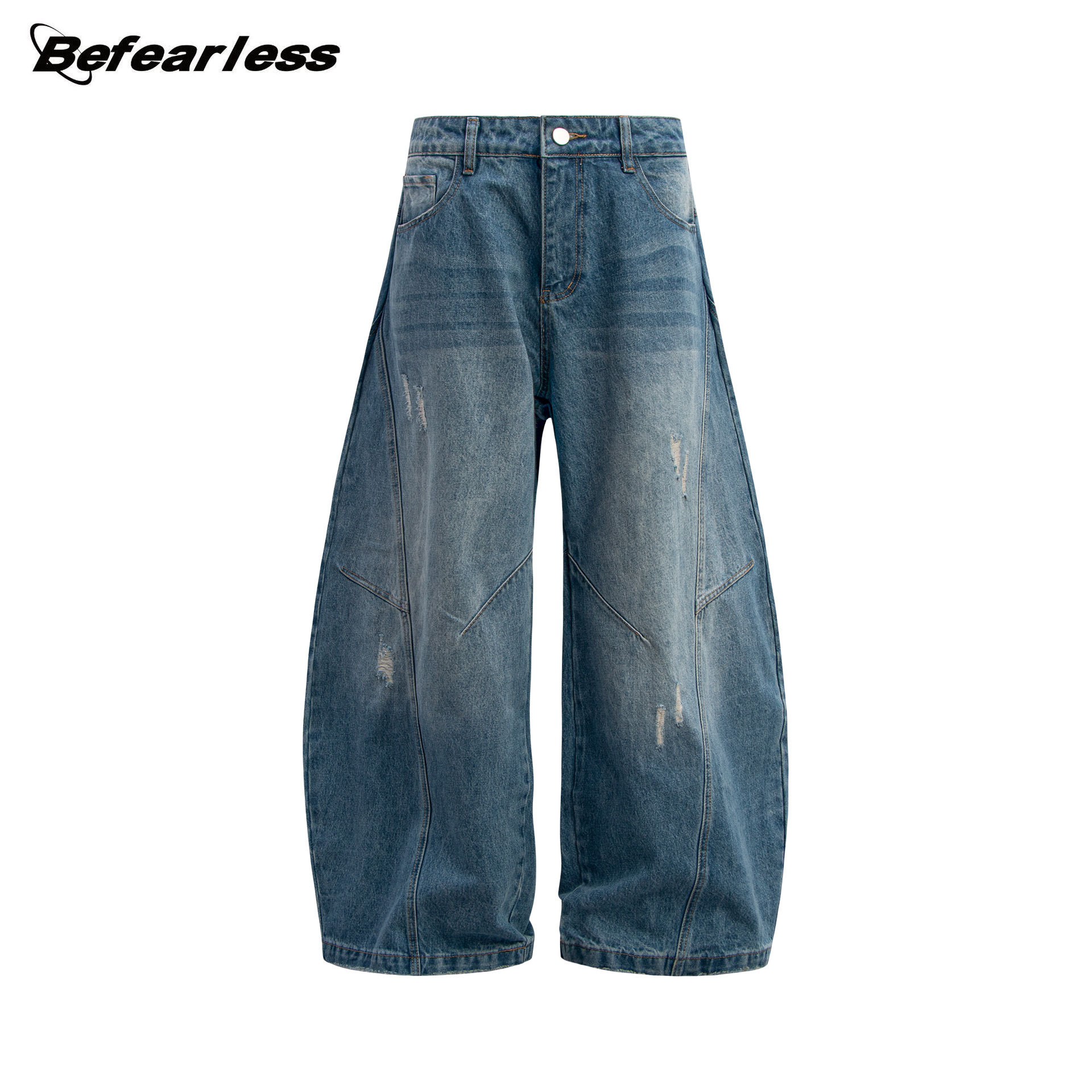 American retro raw denim scimitar jeans loose drape wide-leg pants sickle pants men's summer long pants - Image 11