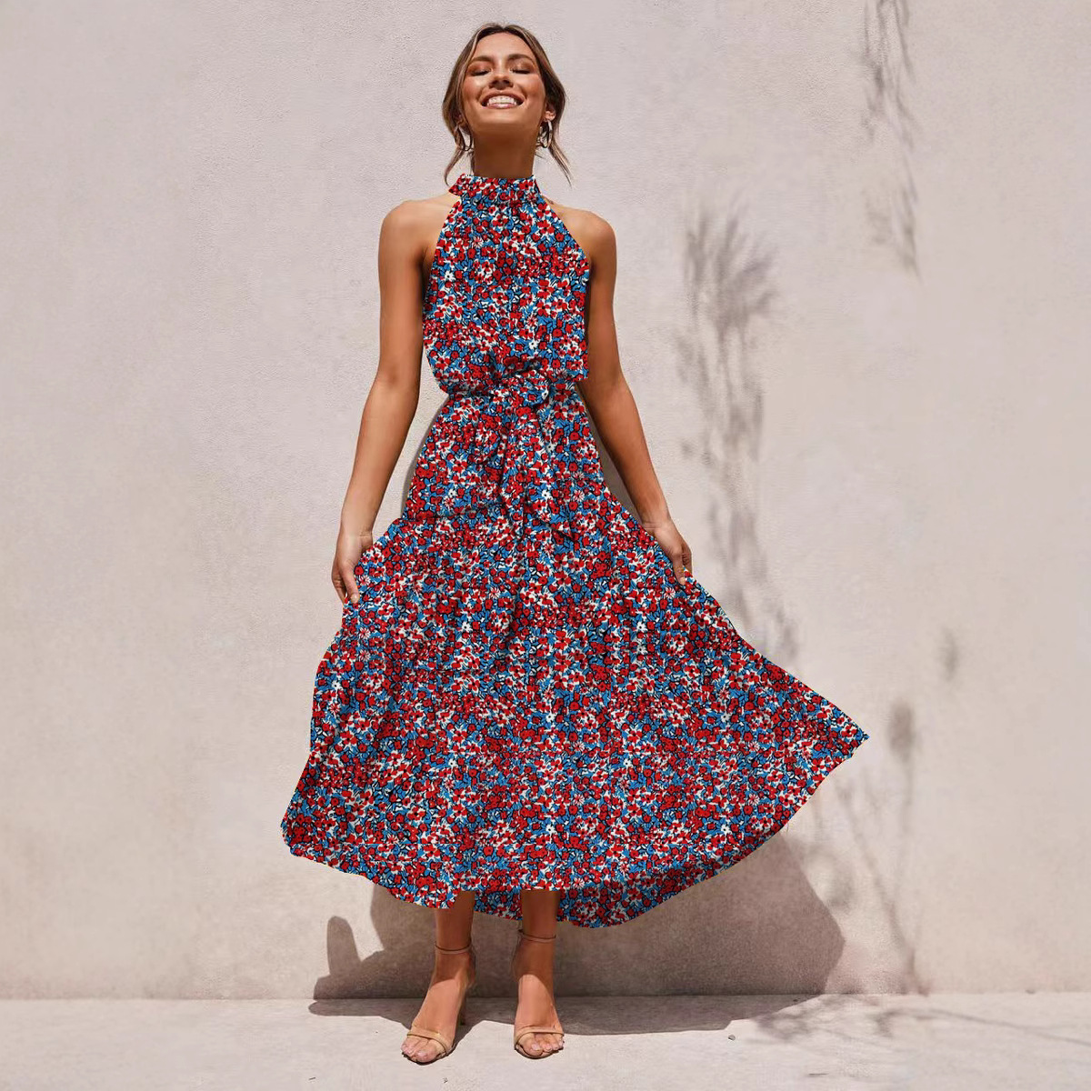 2025 European and American cross-border Amazon women's long skirt foreign trade hot-selling new halter neck polka dot print lace-up dress - Image 2