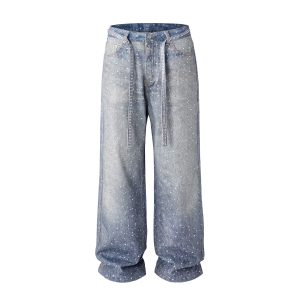European and American high street washed loose wide-leg full diamond print stacked jeans jeans come with a full diamond belt
