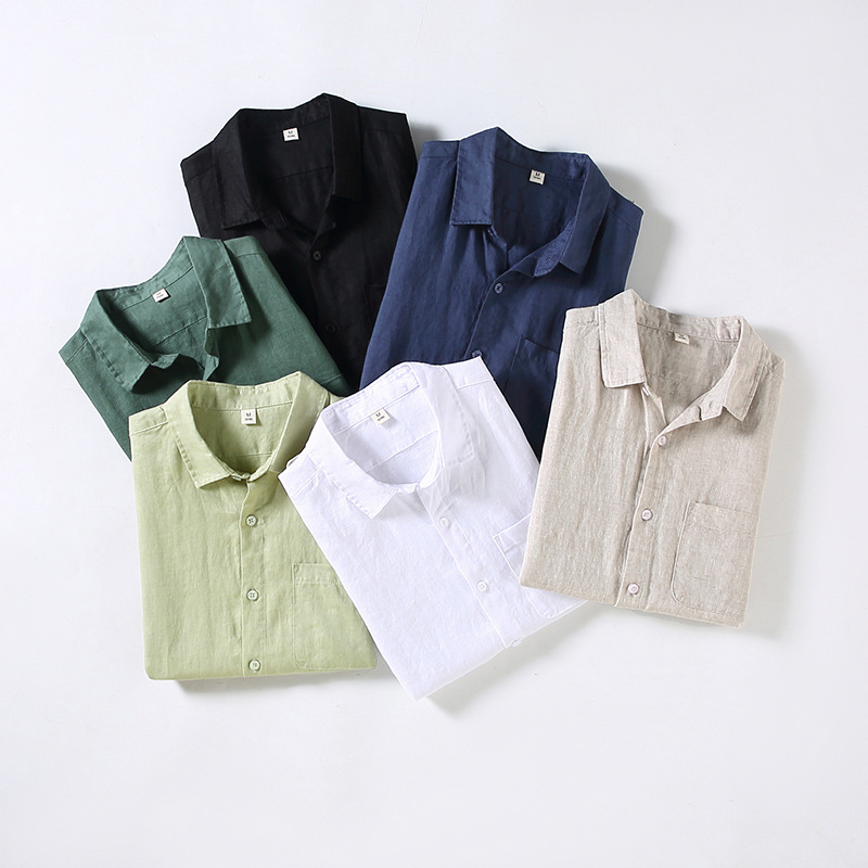 Summer linen short-sleeved shirt for middle-aged men's business casual pure linen pocket shirt loose cardigan half-sleeved linen clothing - Image 2