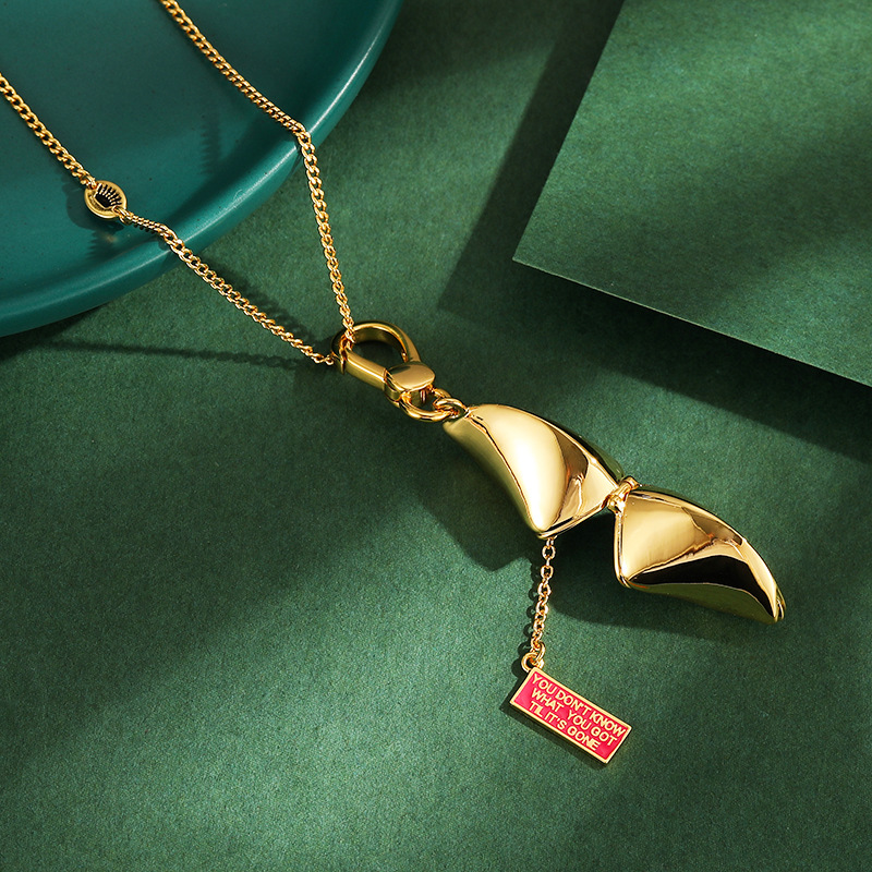 Trendy and stylish gold-plated fortune cookie pendant, simple and fashionable clam letter square necklace pendant for women. - Image 3