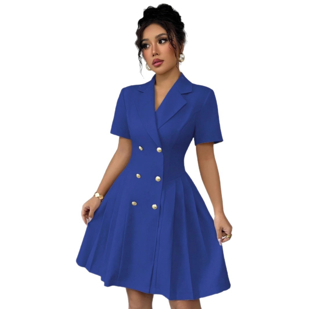 2025 Amazon AliExpress Summer New Solid Color Short-Sleeve Slim Waist Double-Breasted Dress for Women - Image 5