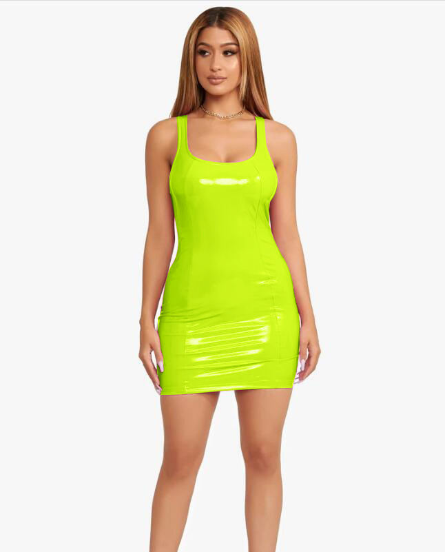 2022 color imitation leather dress zipper PU high elastic round neck one-piece short skirt four-sided elastic leather skirt package hip skirt - Image 11