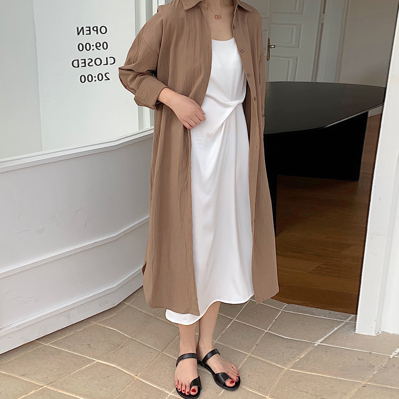 2025 Korean chic, relaxed style, simple basic comfortable long over-the-knee shirt, trench coat, jacket, shirt. - Image 13