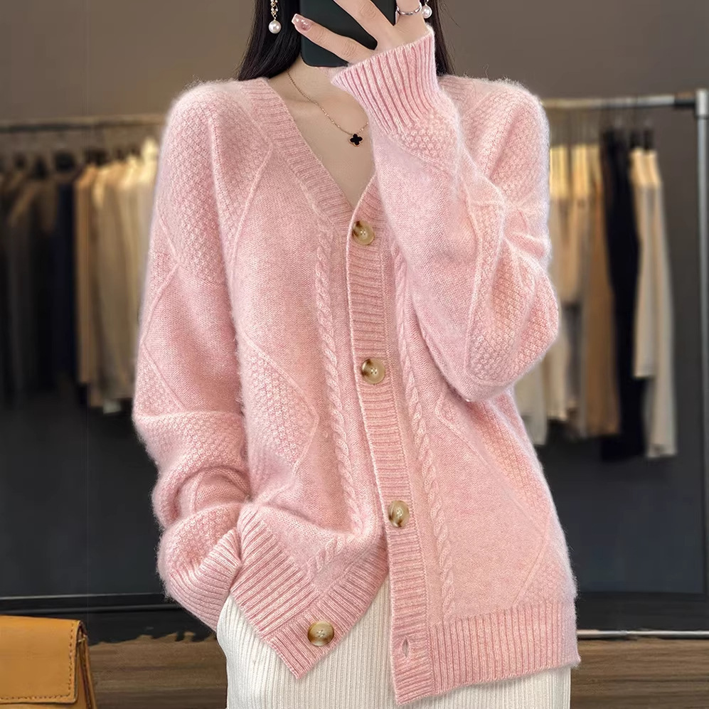 2026 Spring Cross-Border US Size Autumn/Winter New Solid Color Long Sleeve V-Neck Knitted Cardigan, Button-Up Sweater, Women's Outerwear - Image 6