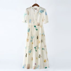 Raw material! Mulberry silk and cotton! Watercolor print V-neck fitted waist puff sleeve long dress, summer 2025