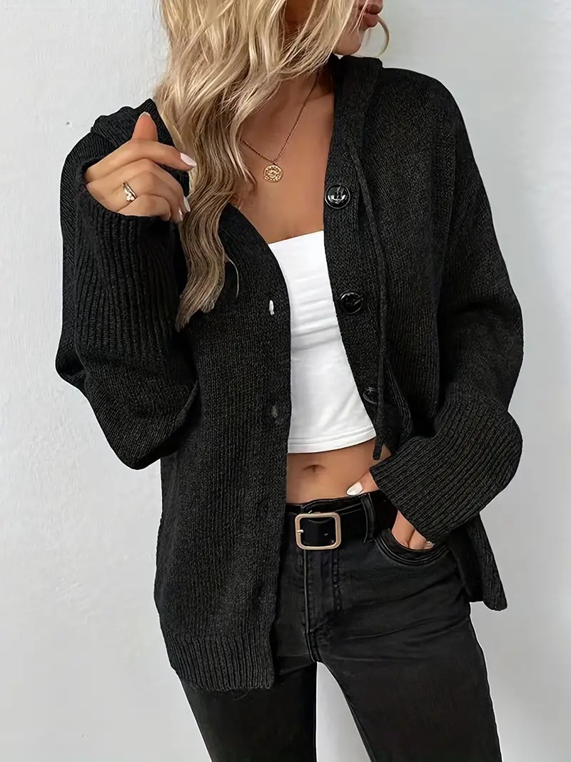 Solid color hooded single-breasted cross-border sweater for women, 2025 autumn and winter new style drawstring knitted cardigan for women. - Image 2