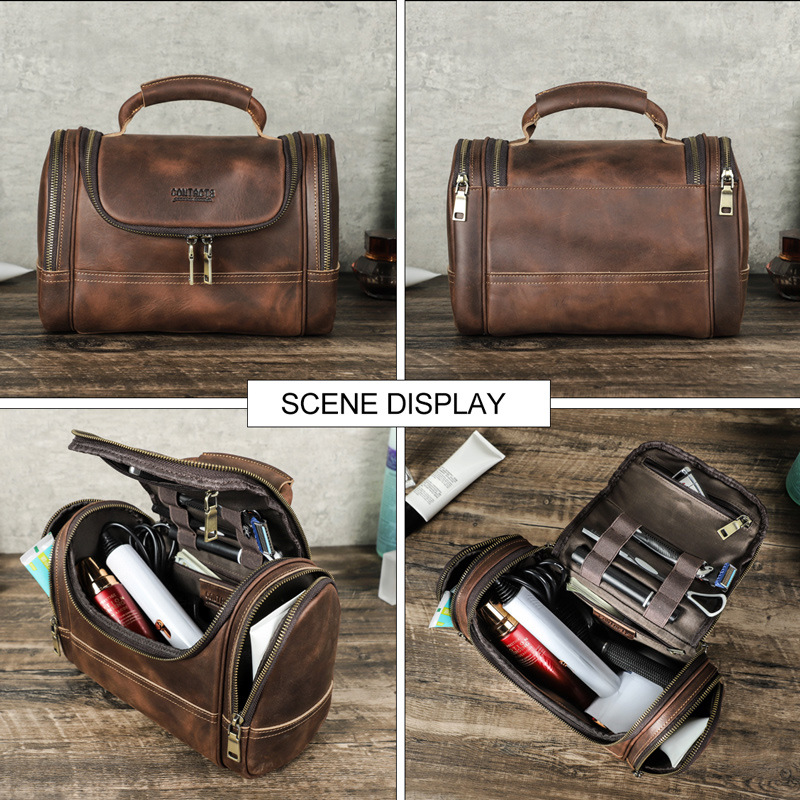 Black Angel Retro Crazy Horse Leather Multi-zipper Bag Hand-held Washing Bag Large Capacity Trendy Cosmetic Bag Storage Bag - Image 2
