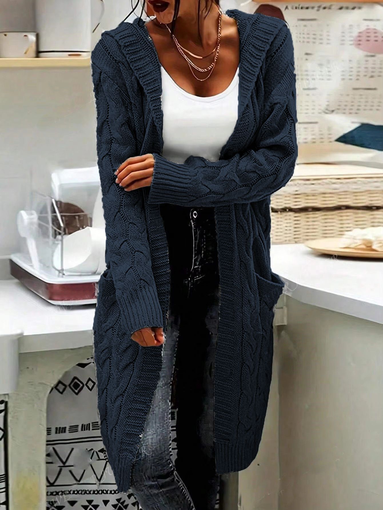 New cross-border e-commerce product, European and American foreign trade, Amazon, solid color loose knitted cardigan, chunky cable knit mid-length sweater coat for women. - Image 9
