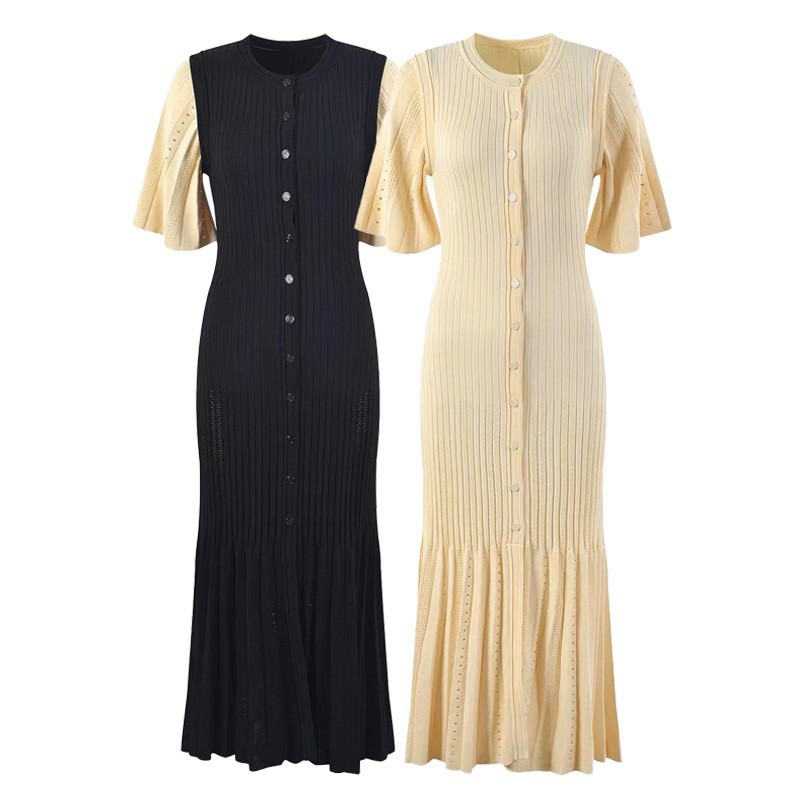 Foreign trade Middle Eastern celebrity style new style temperament waist trumpet sleeve knitted dress ladies round neck single breasted long skirt - Image 6