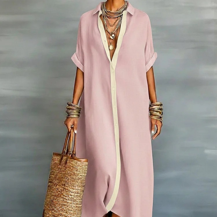 2026 European and American Spring New Arrival Amazon Spring Cross-border Women's Color Block Cotton Linen Shirt Dress - Image 2