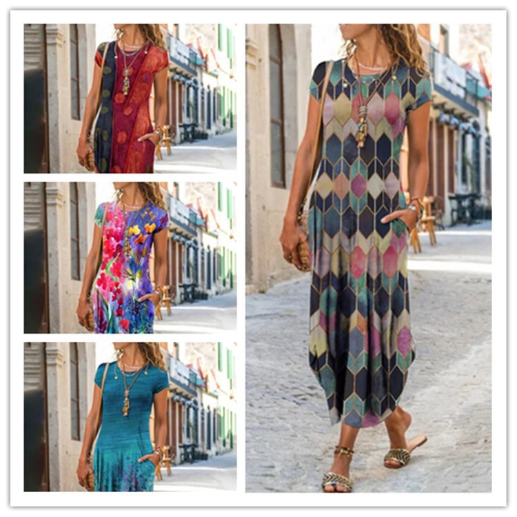 2021 European and American cross-border new Amazon independent station women's round neck pocket short-sleeved trendy printed dress - Image 9