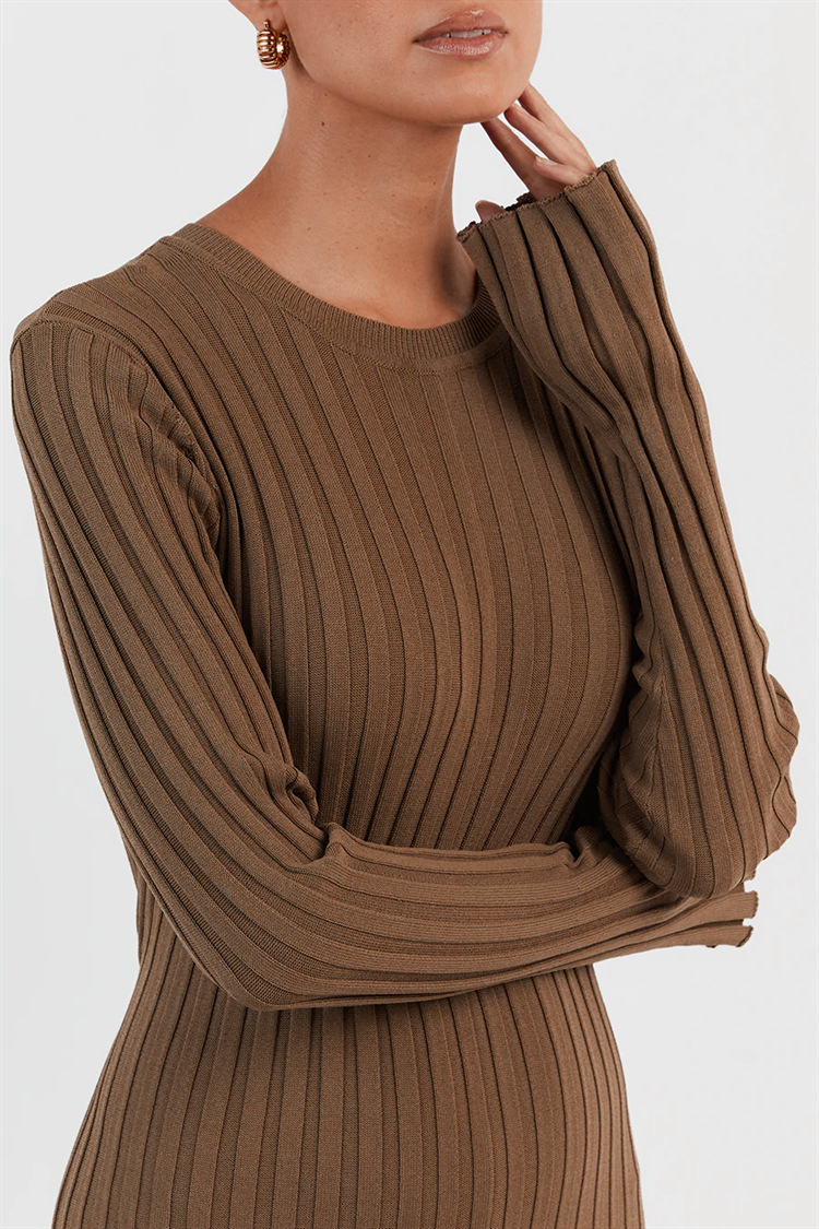 Long-sleeved round neck tight knitted long skirt 2023 new autumn sweater skirt pit solid color bottoming European and American dress - Image 9
