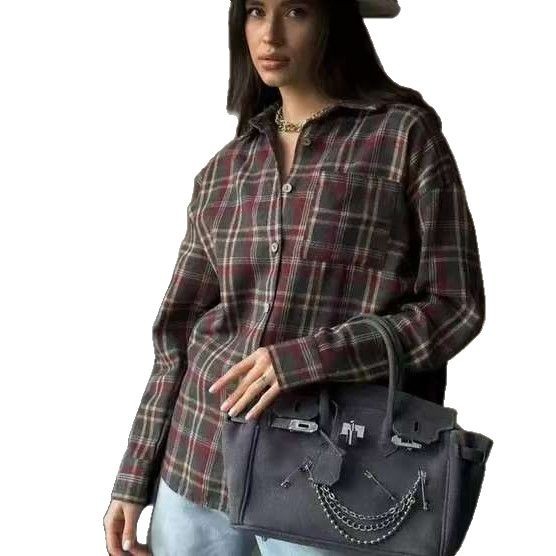 Amazon 2025 Spring and Autumn Cross-border Retro All-match Lapel Loose Shirt #Plaid Long Sleeve Pocket Women's Shirt - Image 5