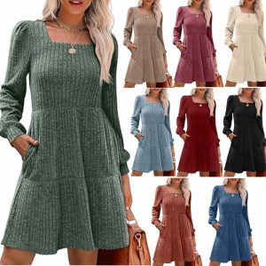 2025 European and American foreign trade cross-border women's clothing Amazon best-selling square neck lantern sleeve babydoll dress with pockets