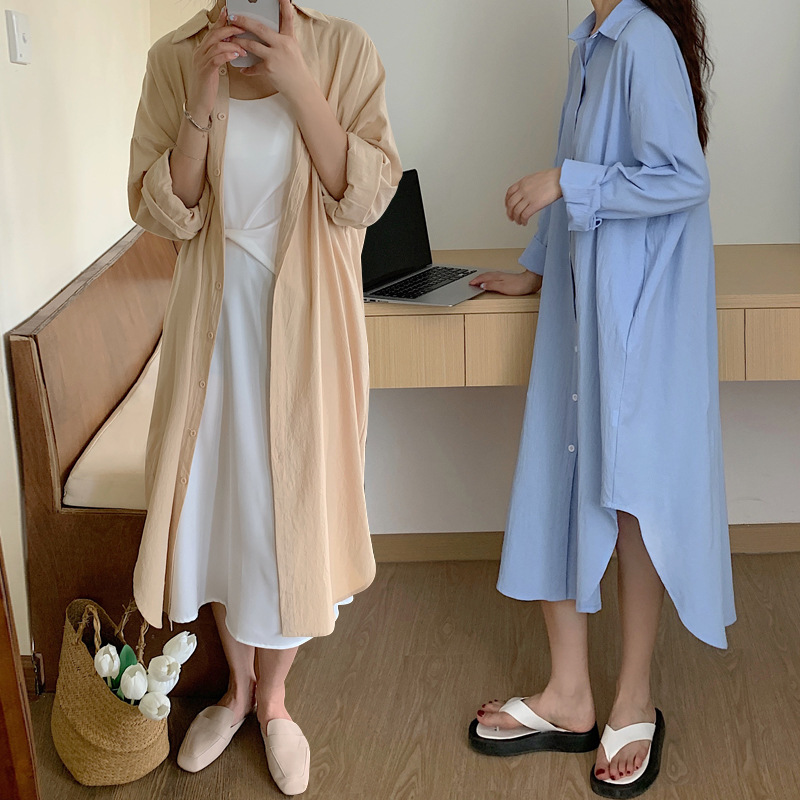2025 Korean chic, relaxed style, simple basic comfortable long over-the-knee shirt, trench coat, jacket, shirt. - Image 4