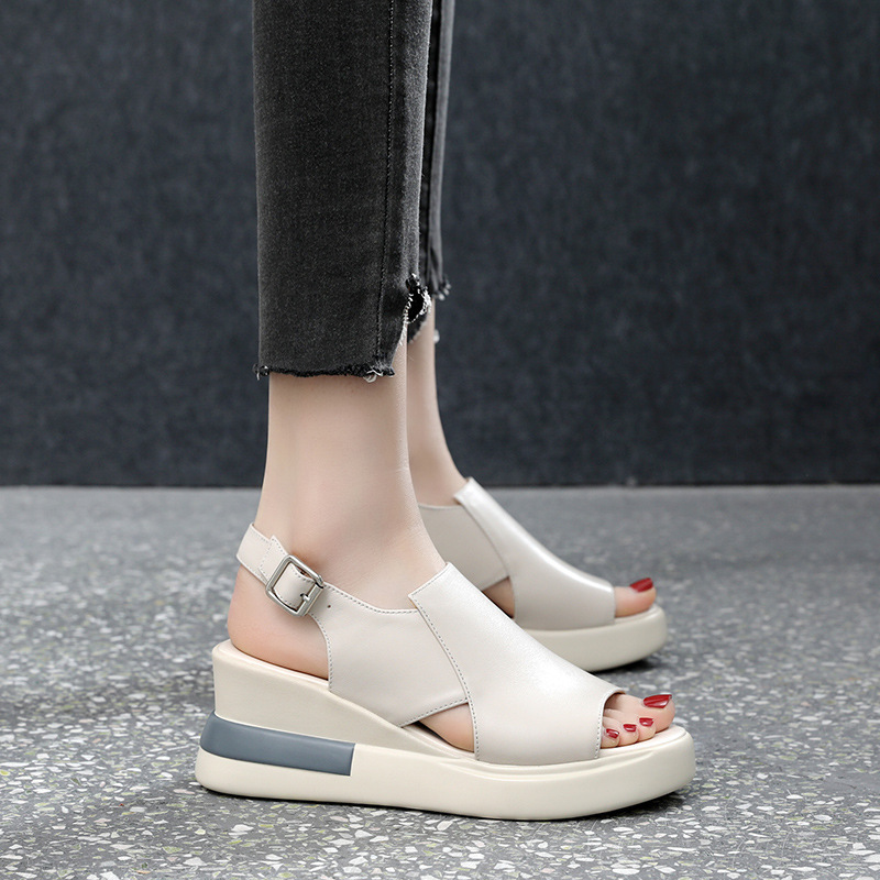 Thick-soled wedge sandals women's 2021 new summer high-heeled fish mouth women's shoes soft leather increased platform shoes - Image 10