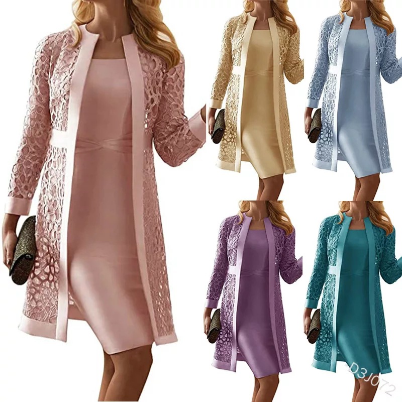 2021 spring and autumn new women's clothing solid color lace cardigan round neck dress two-piece set Amazon wish - Image 6