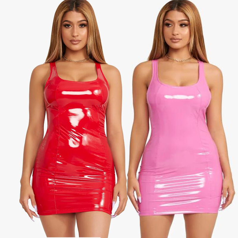 2022 color imitation leather dress zipper PU high elastic round neck one-piece short skirt four-sided elastic leather skirt package hip skirt - Image 8