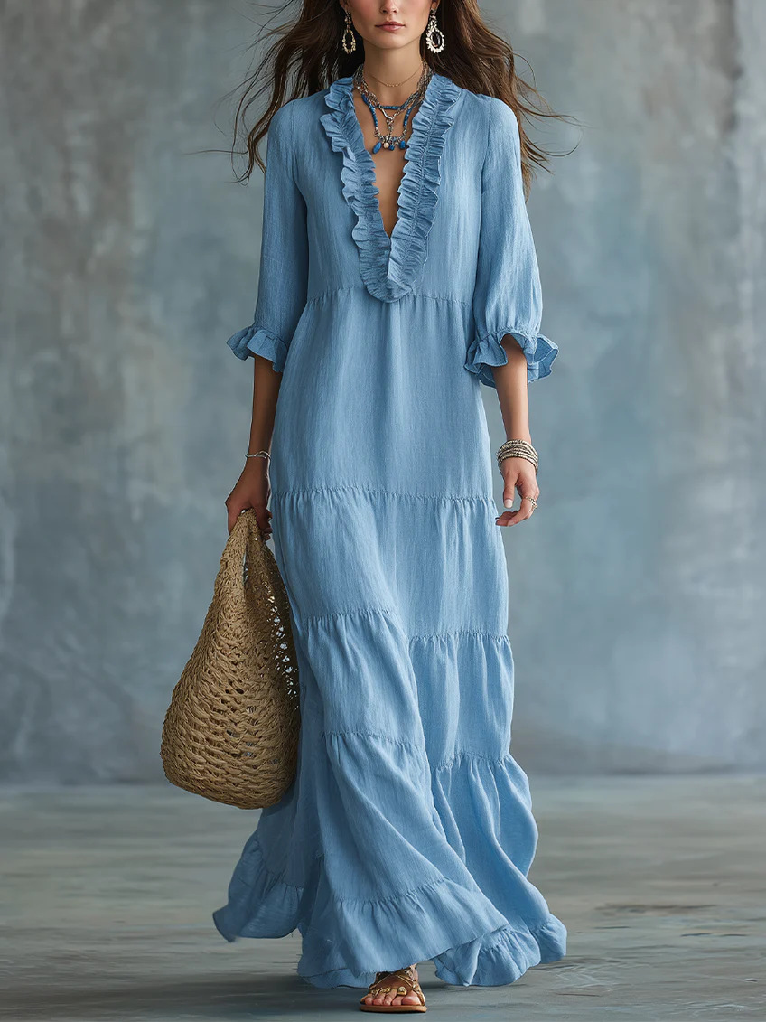 European and American cross-border Amazon TK women's bohemian V-neck layered casual flowy long ruffle dress - Image 11