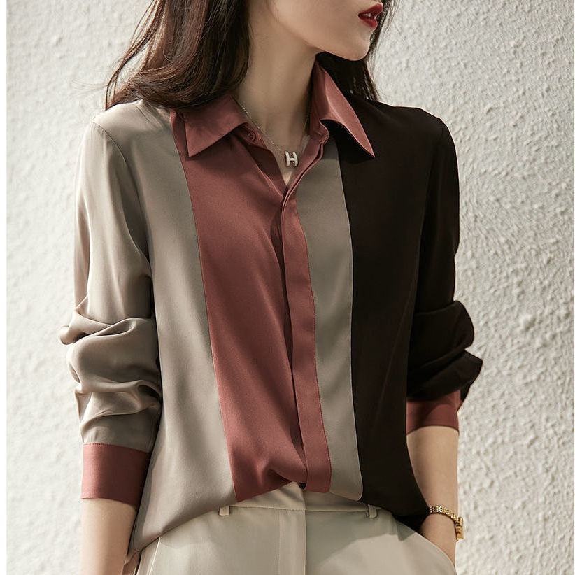 Color-blocking shirt long-sleeved women's autumn 2022 new shirt loose foreign style niche chiffon shirt professional wear top women - Image 6