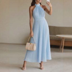 2026 Spring/Summer New Arrival Foreign Trade Beach Vacation Dress Sexy European and American Style Pleated Dress Cross-border Amazon