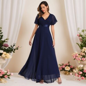 2025 Spring/Summer Handmade Pleated Hem Double V-Neck Bell Sleeve Dress Elastic Chiffon Evening Gown for Banquets and Bridesmaids Plus Size
