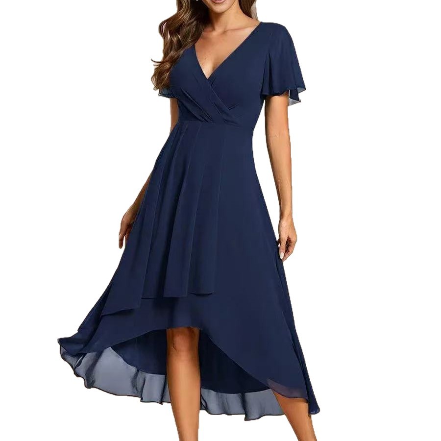 2025 Hot Selling New European and American Cross-border Summer Solid Color V-neck Ruffle Sleeve Chiffon Elegant Party Dress - Image 5