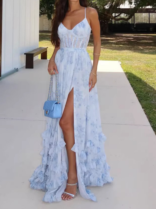 Cross-border European and American fashion summer new blue French style suspender dress, resort style floral waist-cinching long dress SY385 - Image 10
