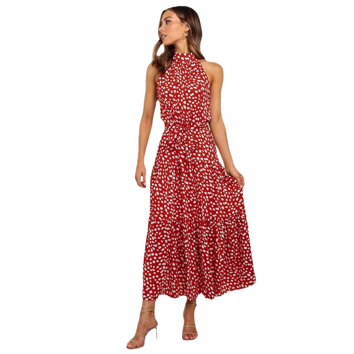 2025 European and American cross-border Amazon women's long skirt foreign trade hot-selling new halter neck polka dot print lace-up dress - Image 5