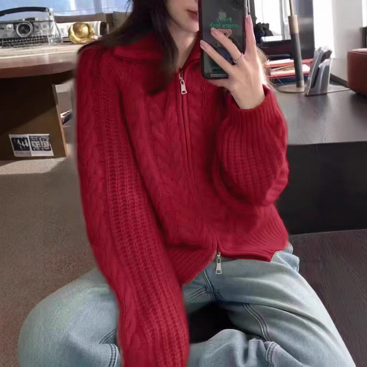Autumn/Winter Zipper Cardigan Knit Thick Twisted Knit Loose Stand Collar Sweater 100% Wool Cardigan Coat - Image 3