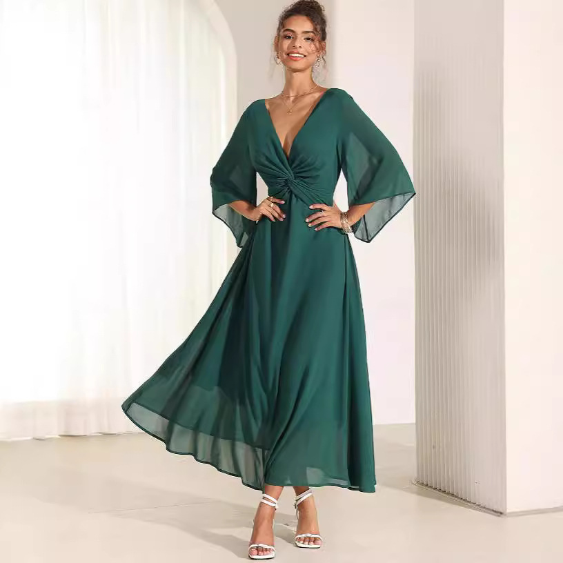 2024 Cross-Border Amazon Temu Solid Color V-Neck Flared Sleeve Maxi Dress Party Dress 3/4 Long Sleeve