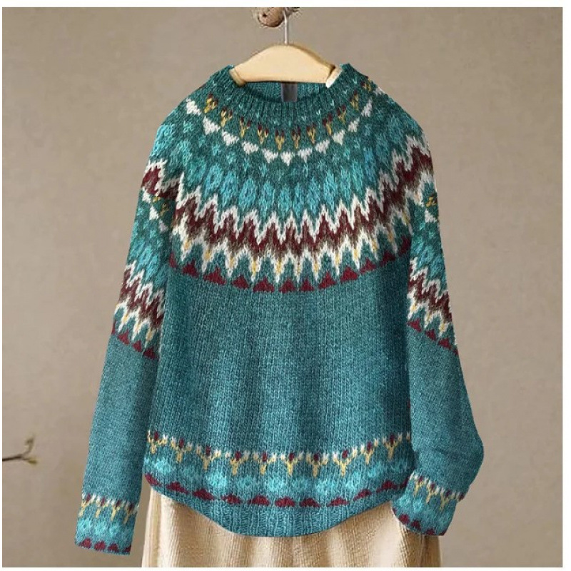 Amazon European and American new sweater women wish hot sale round neck color matching loose fashion pullover sweater - Image 20