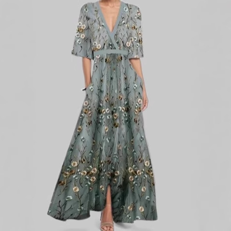 2025 European and American foreign trade Amazon fashion elegant temperament V-neck women's printed tie-waist full skirt dress - Image 3