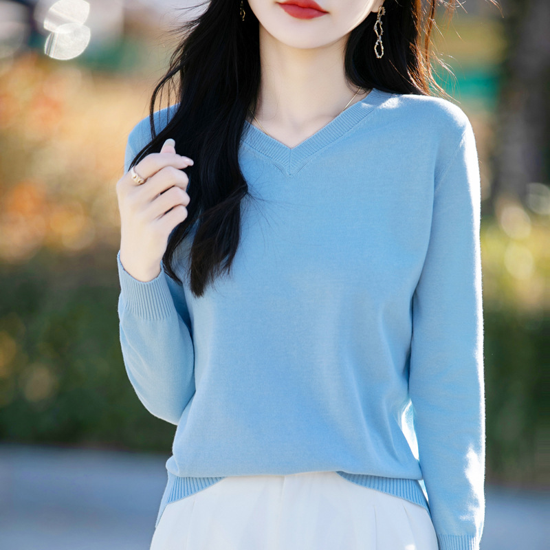 100% Cotton Spring New V-Neck Knitted Long-Sleeved Soft Loose Pullover Simple Solid Color Stylish Base Layer Women's Clothing - Image 12