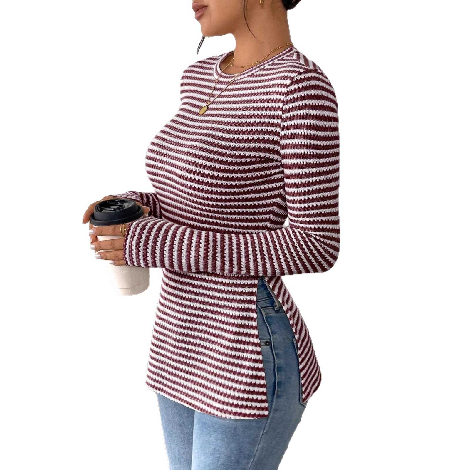 New European and American cross-border foreign trade women's round neck casual striped base layer top with side slit sexy T-shirt, slimming - Image 5