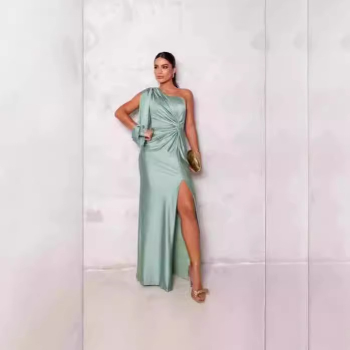 2024 summer new European and American Amazon cross-border women's clothing oblique collar raglan sleeves pleated waist slit sexy long skirt - Image 3