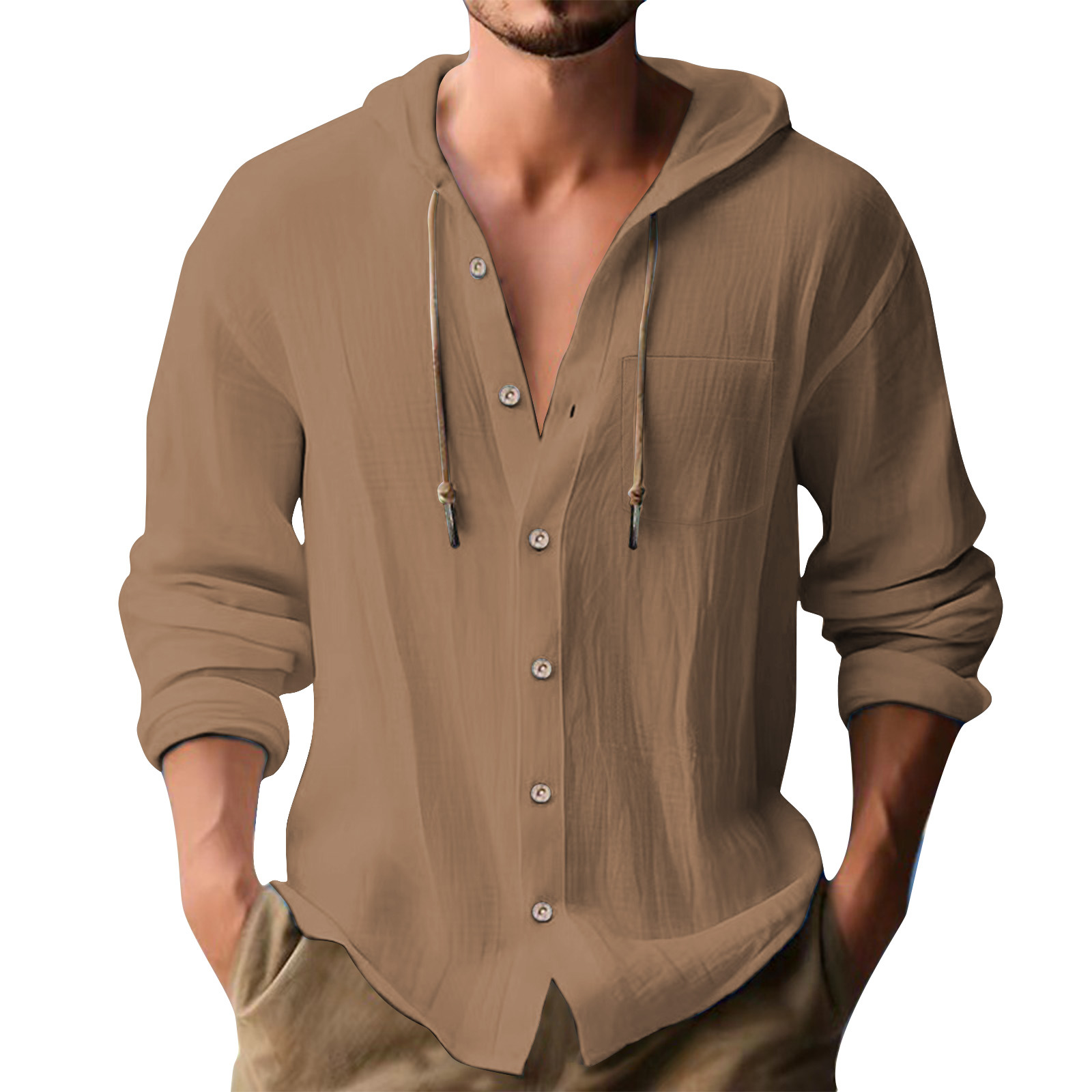 Cross-border European and American 2025 New Hot Selling Sports Trendy Hooded T-shirt Solid Color Cotton Linen Casual Long Sleeve Men's Shirt - Image 7