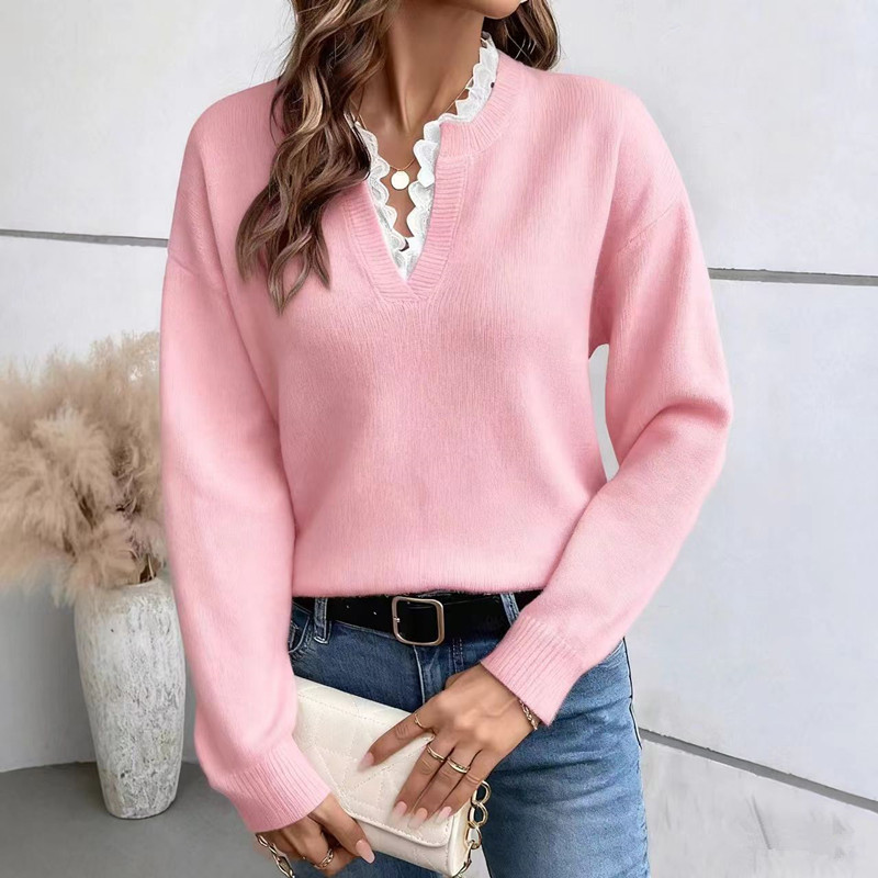 Cross-border European and American 2025 Autumn/Winter New Fashion Lace Trim V-neck Sweater Solid Color Loose Long Sleeve Women's Knitwear - Image 10