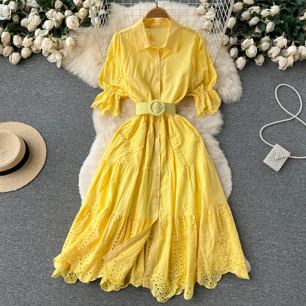 Light Luxury Minority Hollow Embroidered Dress Women's Summer 2022 New Tight Waist Slimming Puff Sleeve Shirt Midi Dress - Image 9