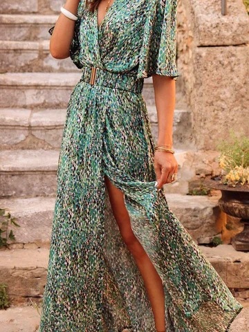 2025 spring and summer new European and American cross-border printed short-sleeved dress slim waist commuting mid-length temperament - Image 9
