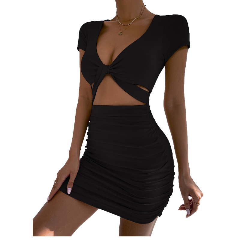 2024 Amazon cross-border women's short-sleeved summer foreign trade wholesale European and American sexy V-neck waist-revealing hip dress - Image 4
