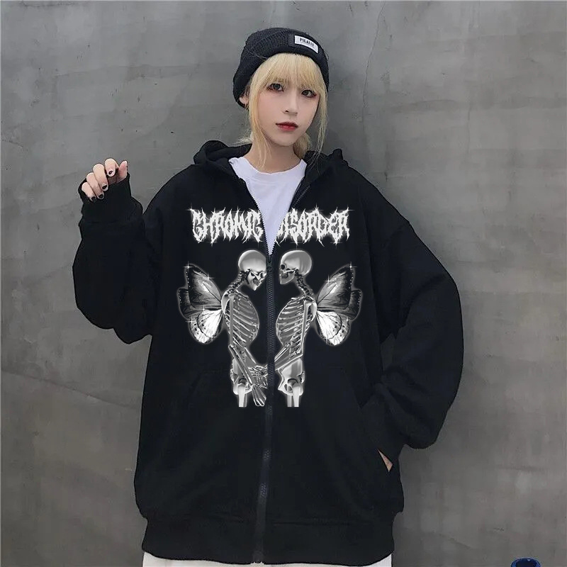 New arrival Skull Wings Hooded Zipper Sweatshirt Women Korean Style Plus Velvet Thickened Loose Sports Cardigan Sweatshirt Women - Image 4