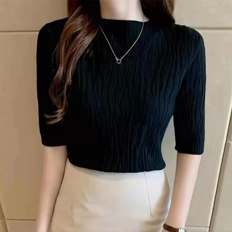 Short-sleeved bottoming shirt women's clothing 2023 summer new casual foreign style slim short top with knitted sweater - Image 6