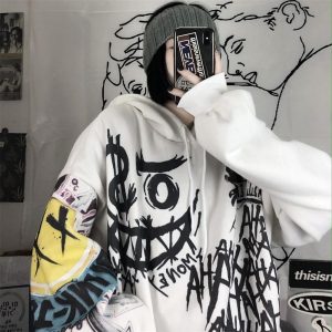Graffiti-print fleece-lined hooded sweatshirt, new spring/autumn/winter printed hooded sweatshirt, Korean style trendy loose fleece top.