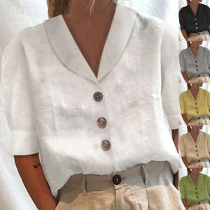 2023 New AliExpress Amazon Women's Shirt Stand Collar Button Casual Long/Short Sleeve Cotton Linen Solid Color Top